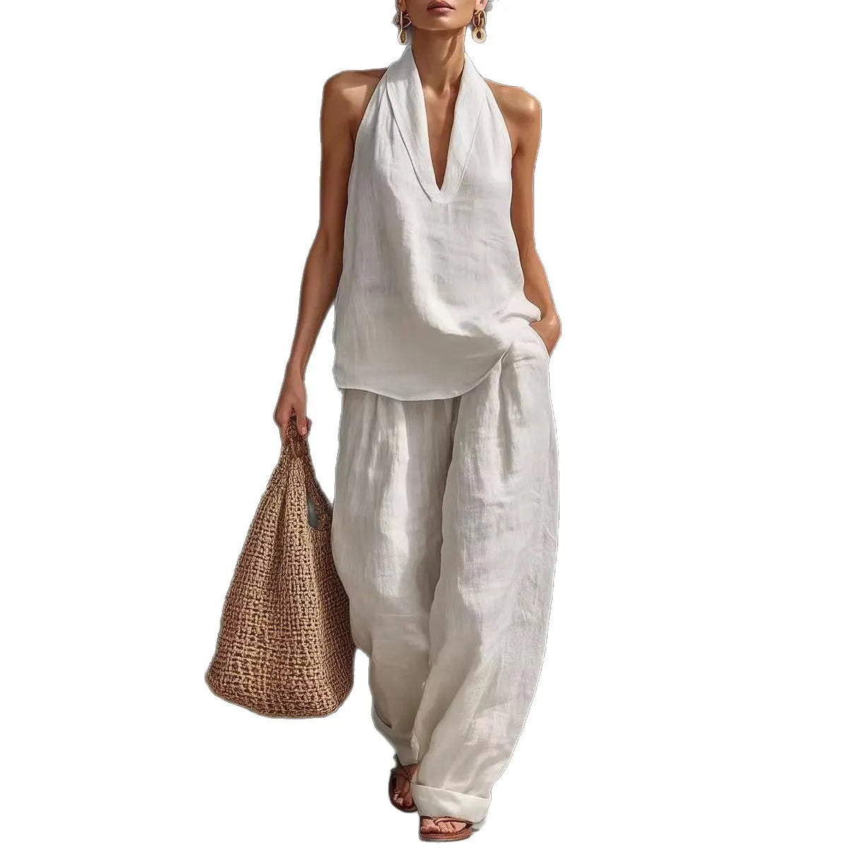 Linen Halter Top & Wide Leg Pants Set
