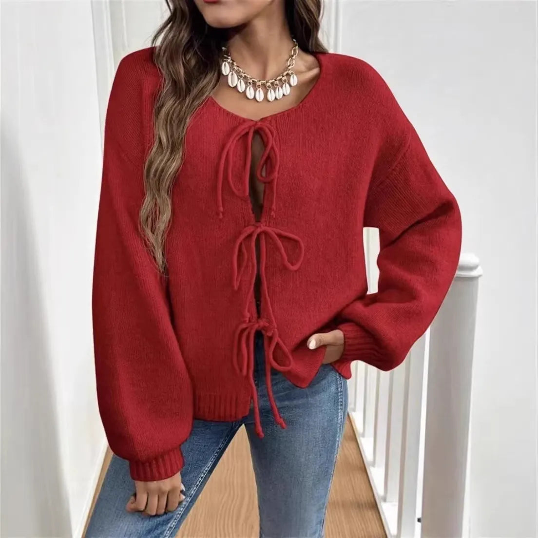 Multiple Drawstring Open Front Knit Top Long Sleeve Casual Oversized Cardigan