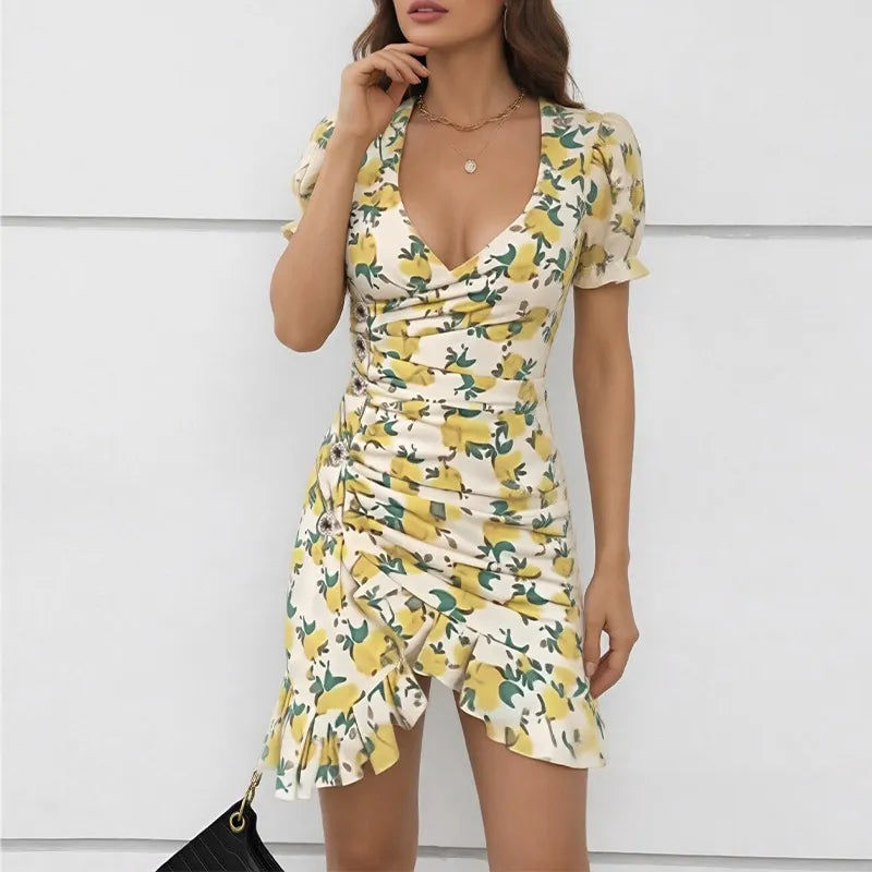 Floral Print V Neck Puff Short Sleeve High Waist Ruffle Hem Slim A-Line Mini Dress