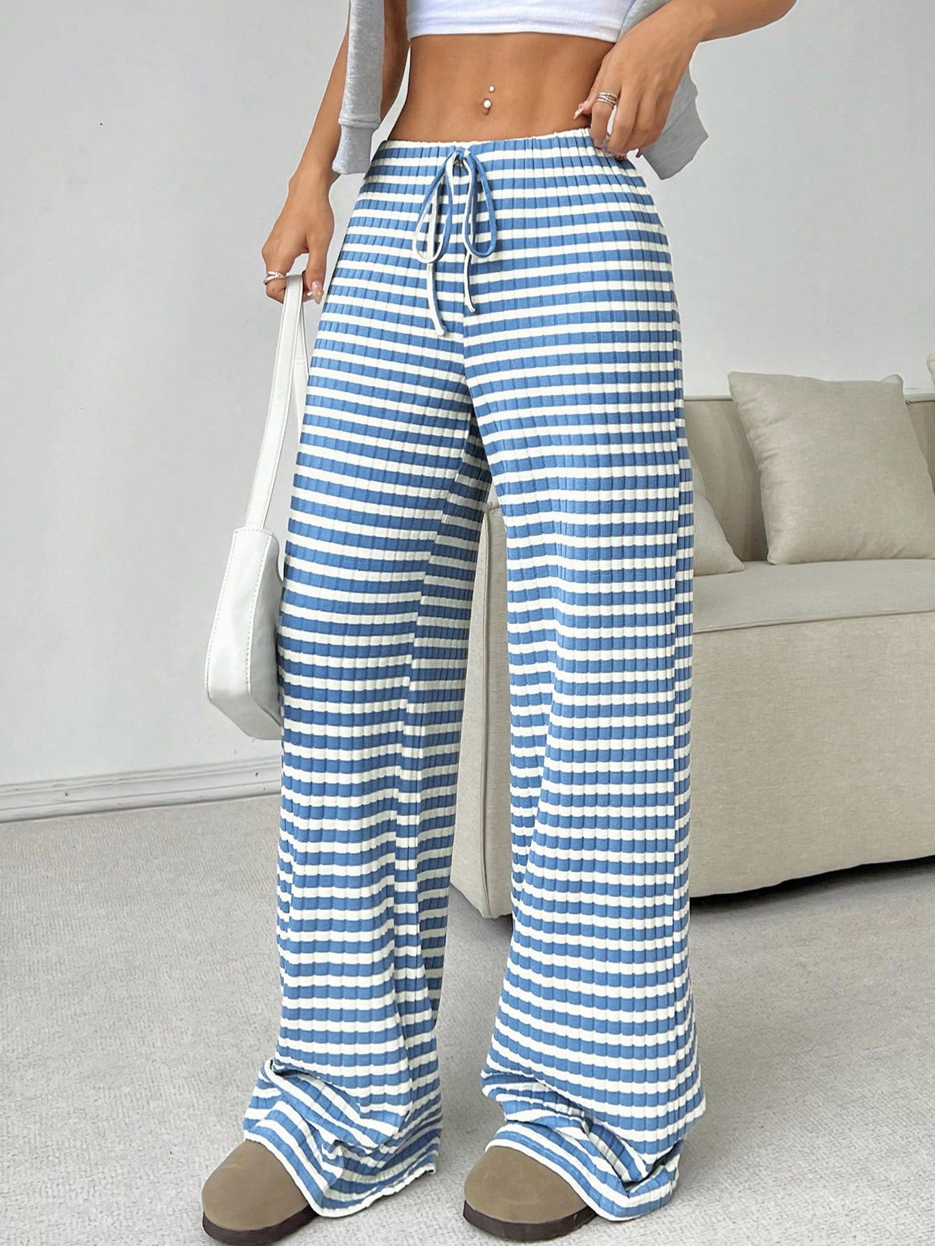 Striped Drawstring Waist Loose Straight Leg Casual Pants