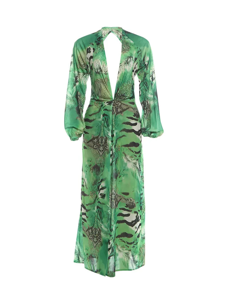 Deep V Neck Green Patchwork Print Maxi Dress