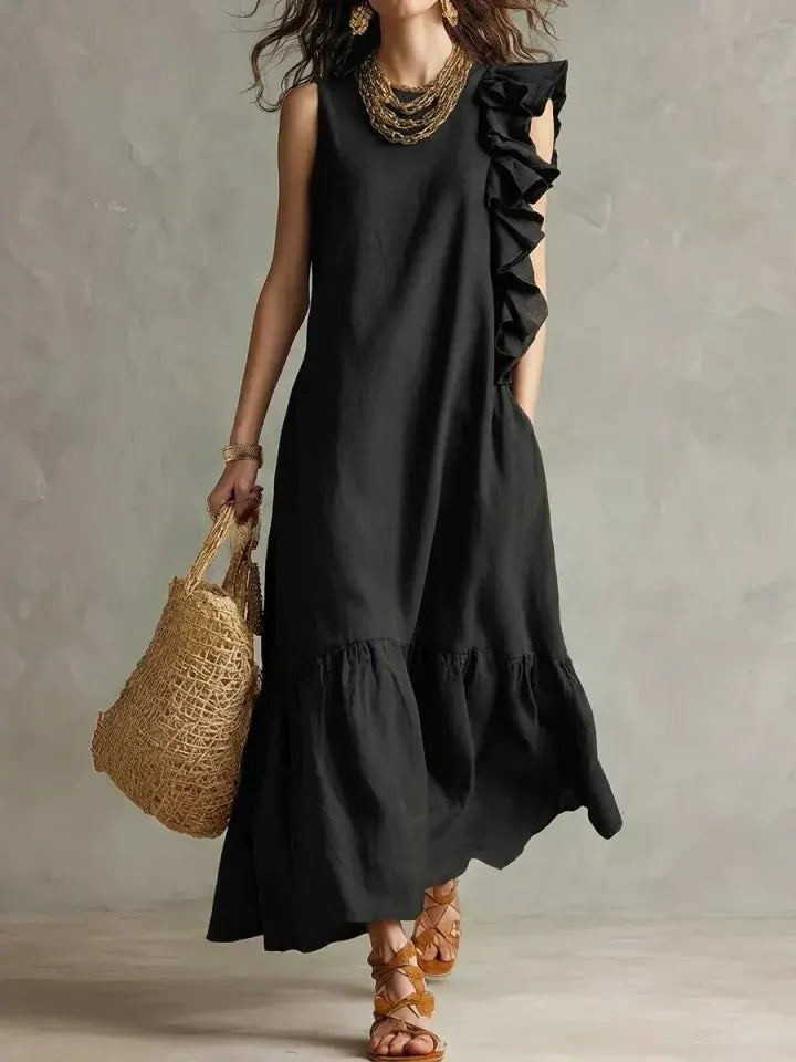 Pleating Blue Ruffle Sleeveless Tiered Maxi Dress