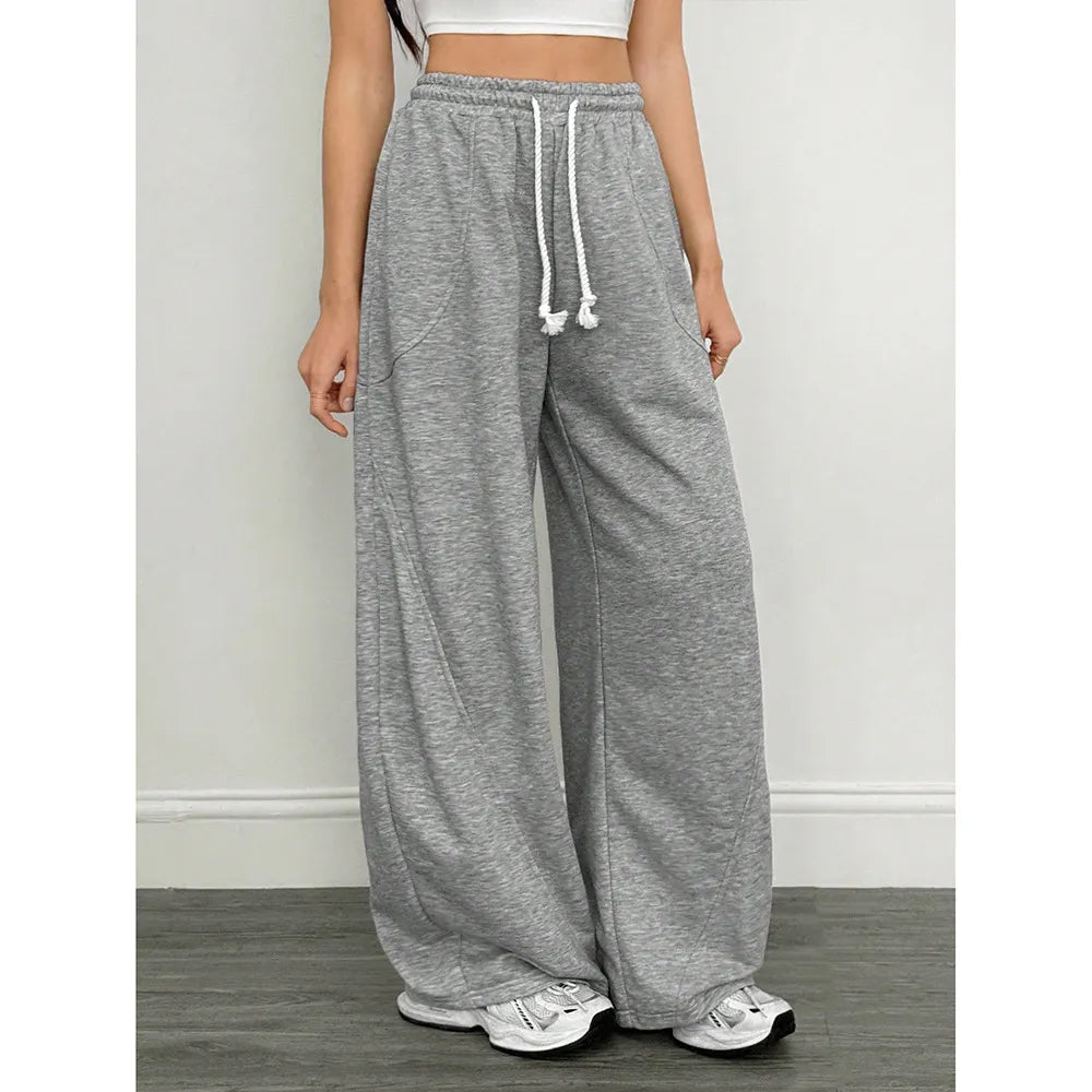 Mid Waist Solid Color Drawstring Wide Leg Sweatpants
