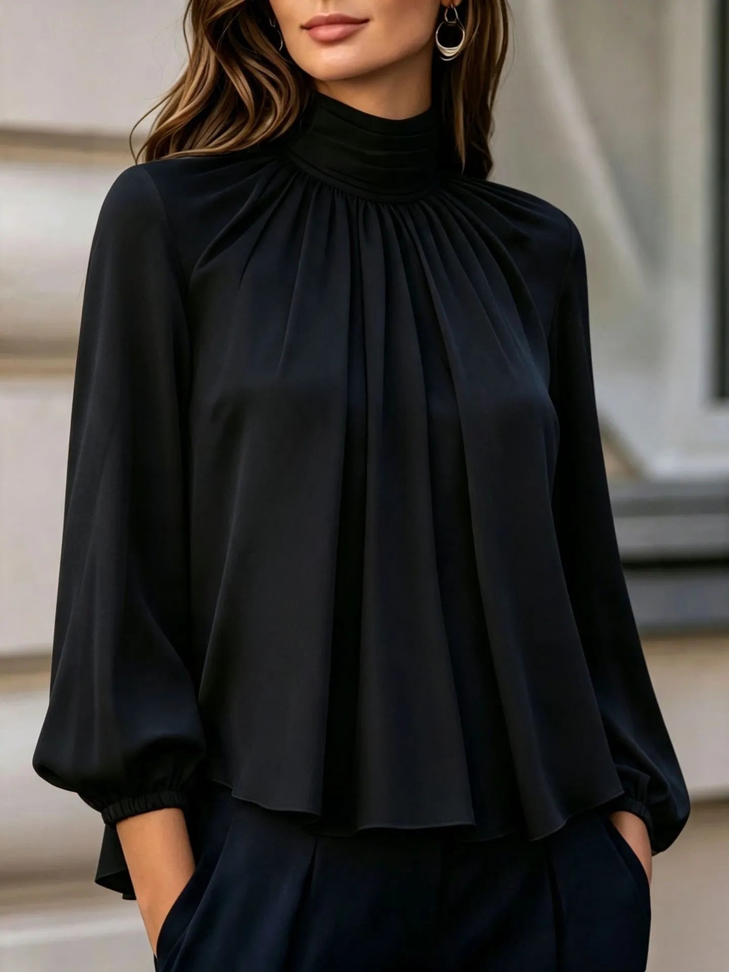 Mock Neck Pleated Chiffon Blouse Long Puff Sleeve Elegant Loose Work Shirt