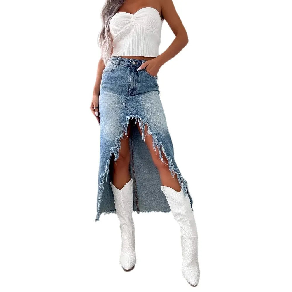 High Waist Gradient Denim Midi Skirt
