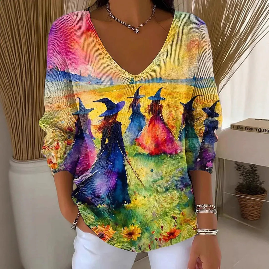 Halloween Ghost Pumpkin V‑Neck Sweater