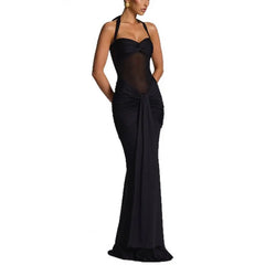 Burgundy Halter Mesh Cutout Mermaid Maxi Dress