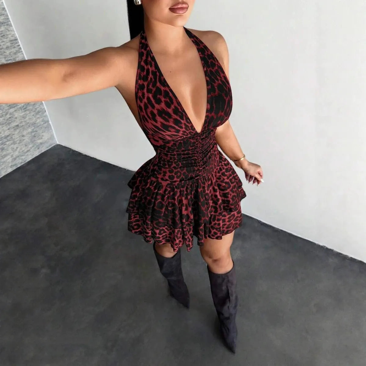Leopard Print Deep V-Neck Halter Ruched Ruffle Mini Dress