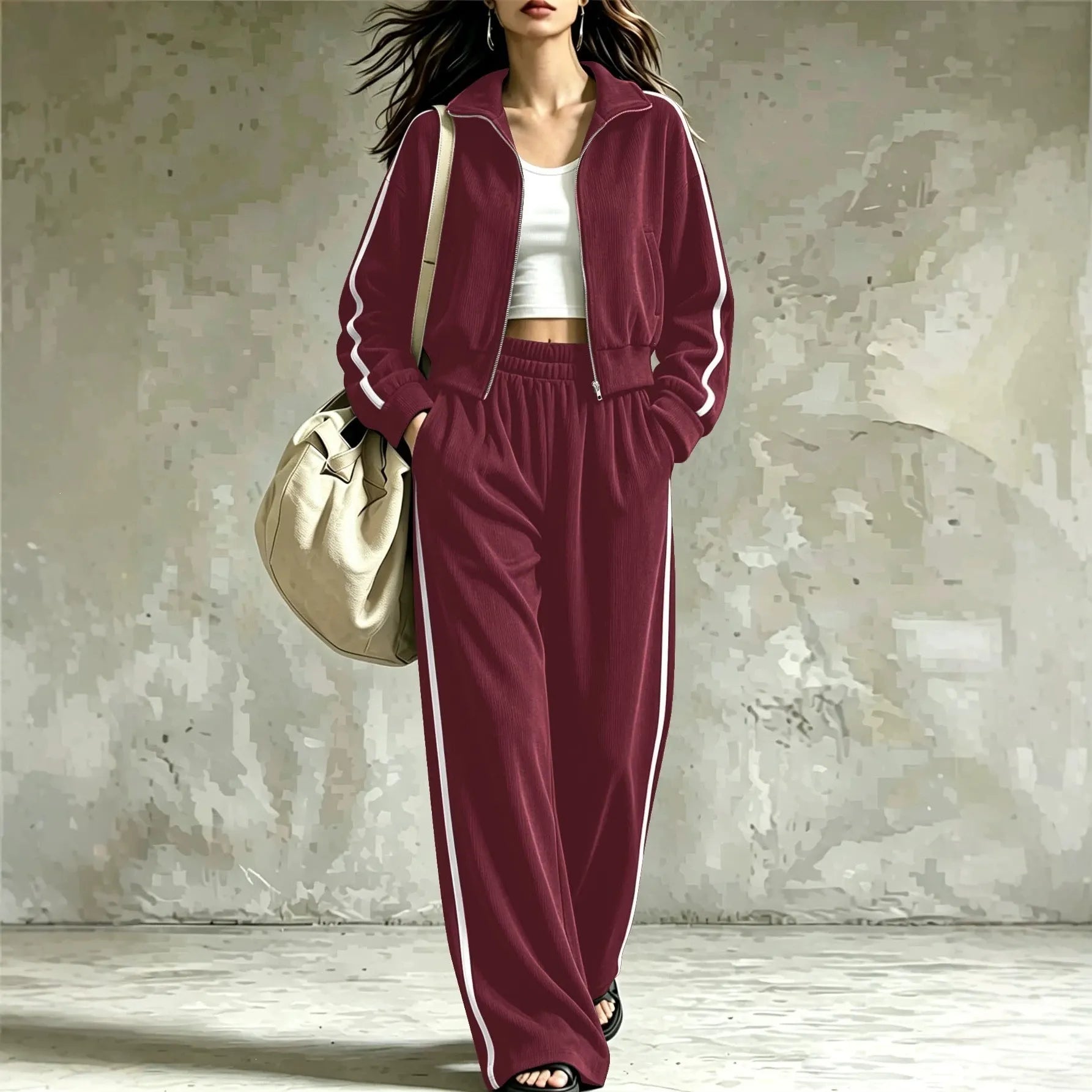 Side Stripe Athletic Sweatsuit, Stand Collar Zip Crop Jacket Elastic Waist Wide Leg Pants Set