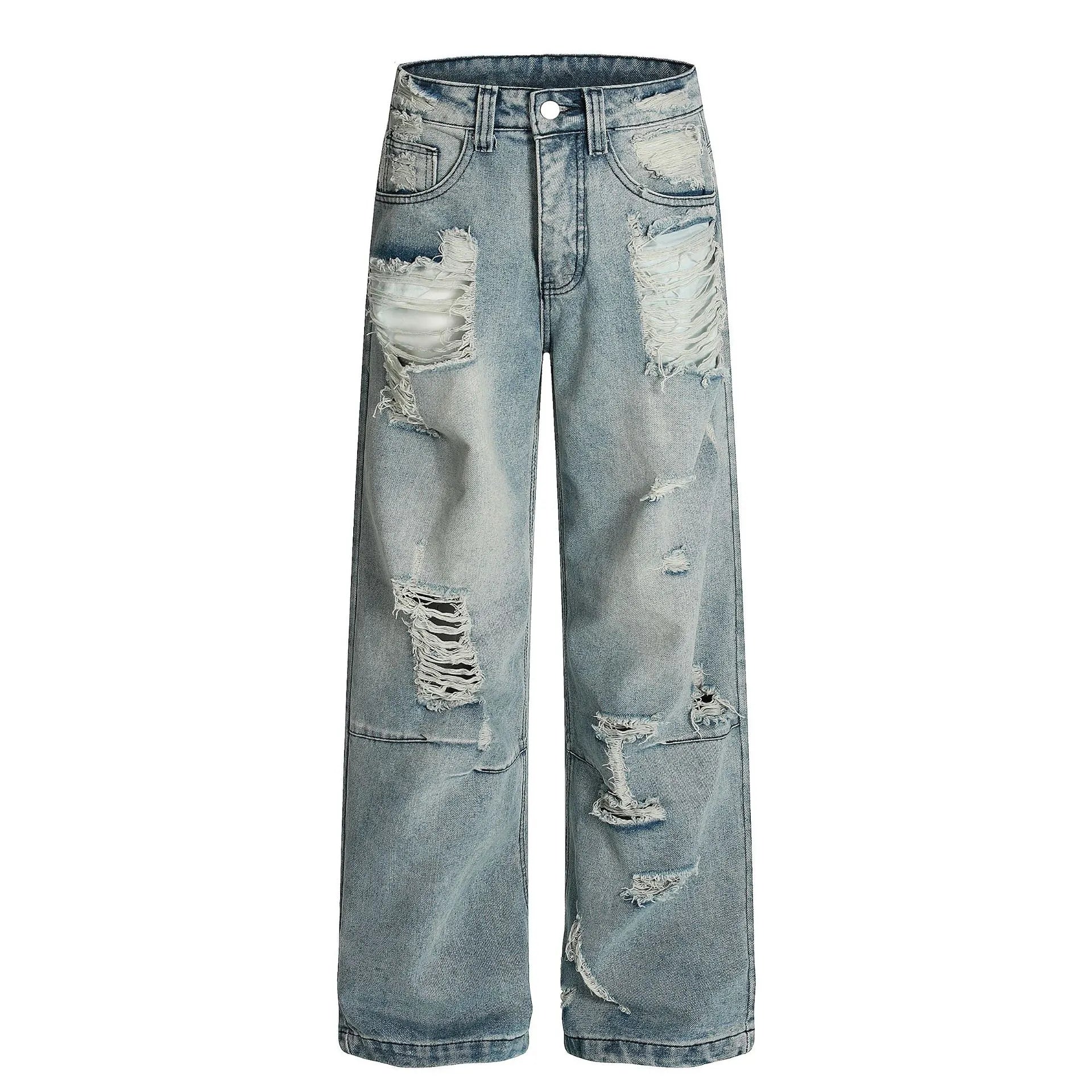 Mid Waist Non-Stretch Ripped Straight Denim Jeans