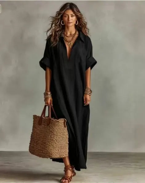 Lapel Half Button Roll Up Sleeve Loose A-Line Maxi Shirt Dress