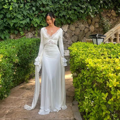 White Lace Maxi Dress, V-Neck Bell Sleeve Bodycon Bridal Gown