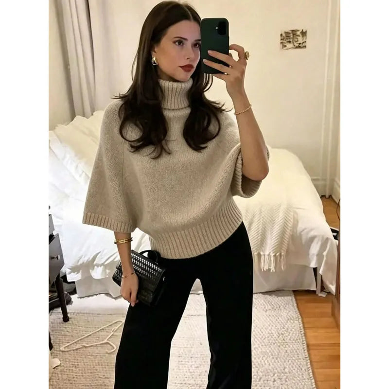 Oversized Chunky Knit Turtleneck Jumper Ladies Drop Shoulder Puff Sleeve Sweater, Long Sleeve / 5 Point Sleeve