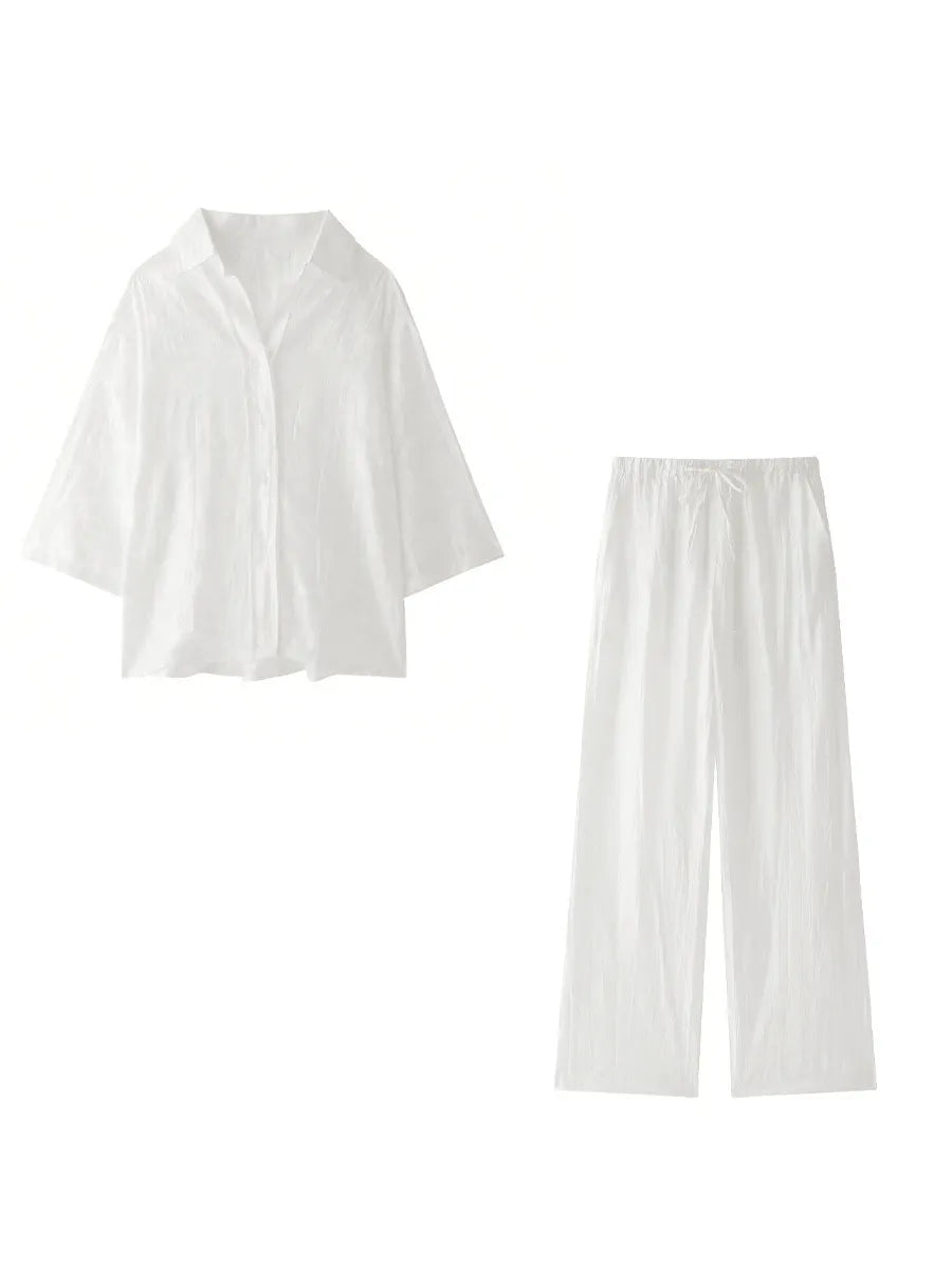 Printed Lapel 3/4 Sleeve Shirt & Wide Leg Long Pants Two Piece Casual Set