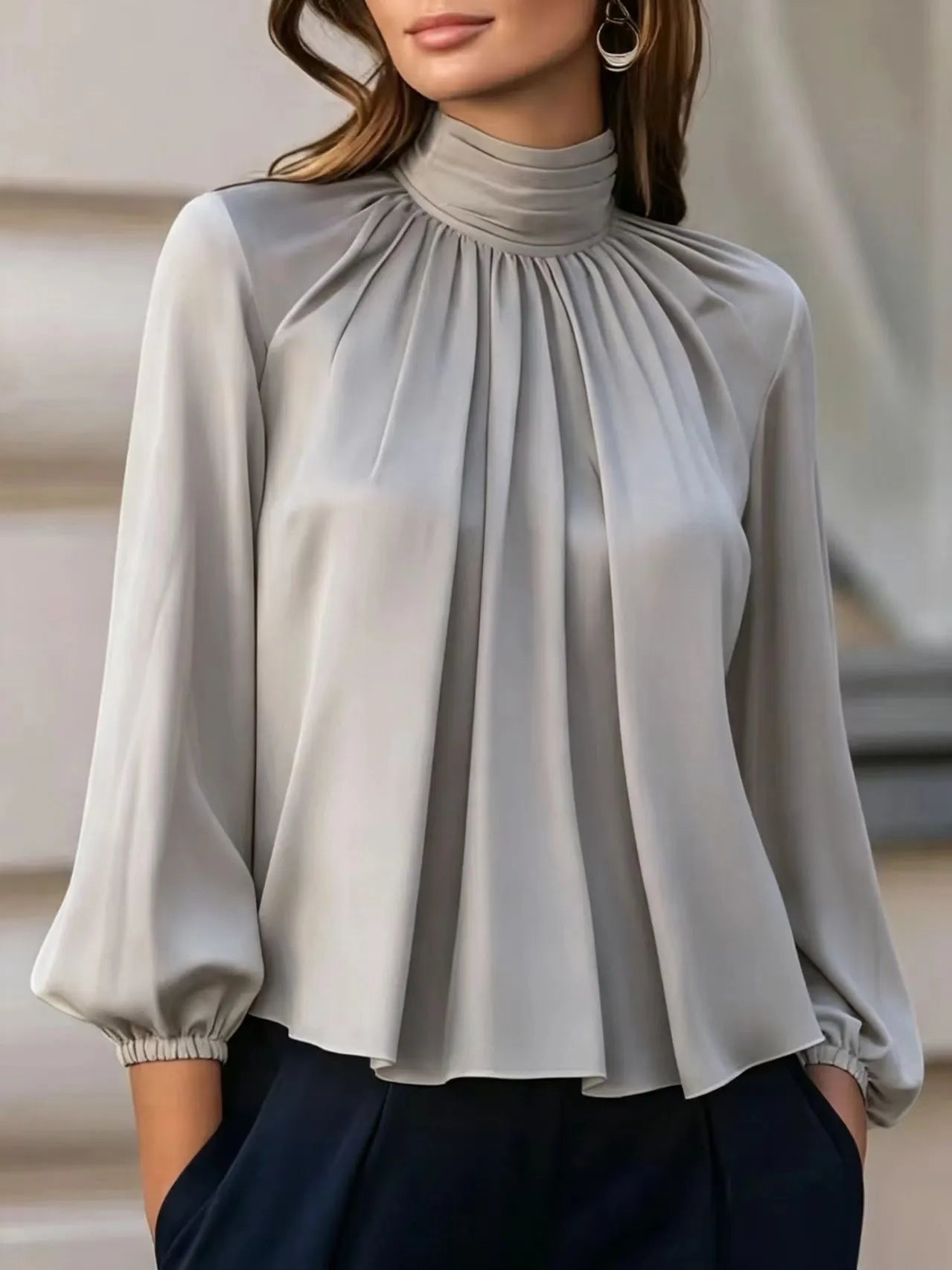 Mock Neck Pleated Chiffon Blouse Long Puff Sleeve Elegant Loose Work Shirt