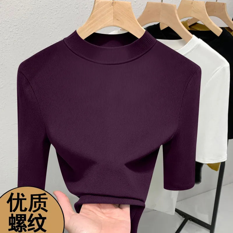 Solid Color Half High Neck Medium Sleeve Slim Fit T-Shirt