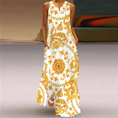 3D Butterfly Print V-Neck Sleeveless Loose A-Line Maxi Dress