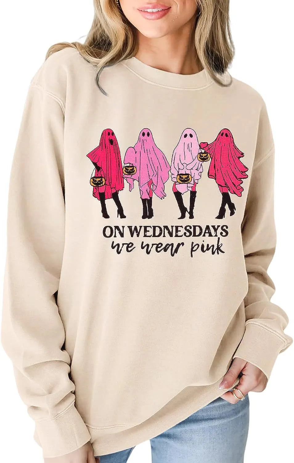 Halloween Pink Ghost On Wednesdays We Wear Pink Print Crew Neck Sweatshirt