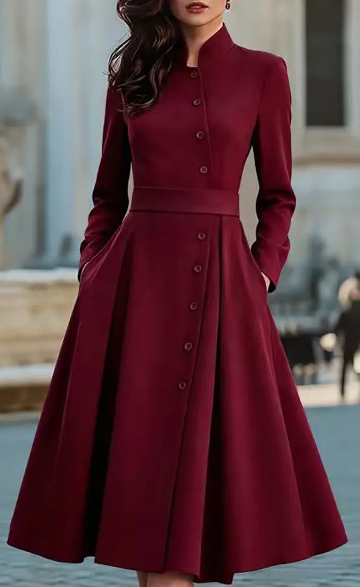 Burgundy Stand Collar Button Front Belted Midi Dress