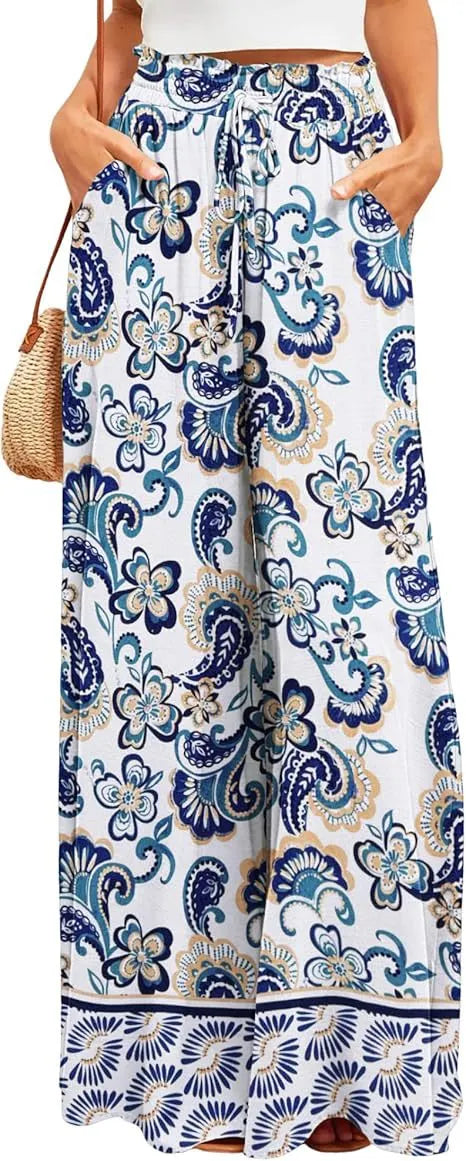 Boho Geometric Leaf Print Drawstring High Waist Non-Stretch Chiffon Loose Wide Leg Long Casual Pants