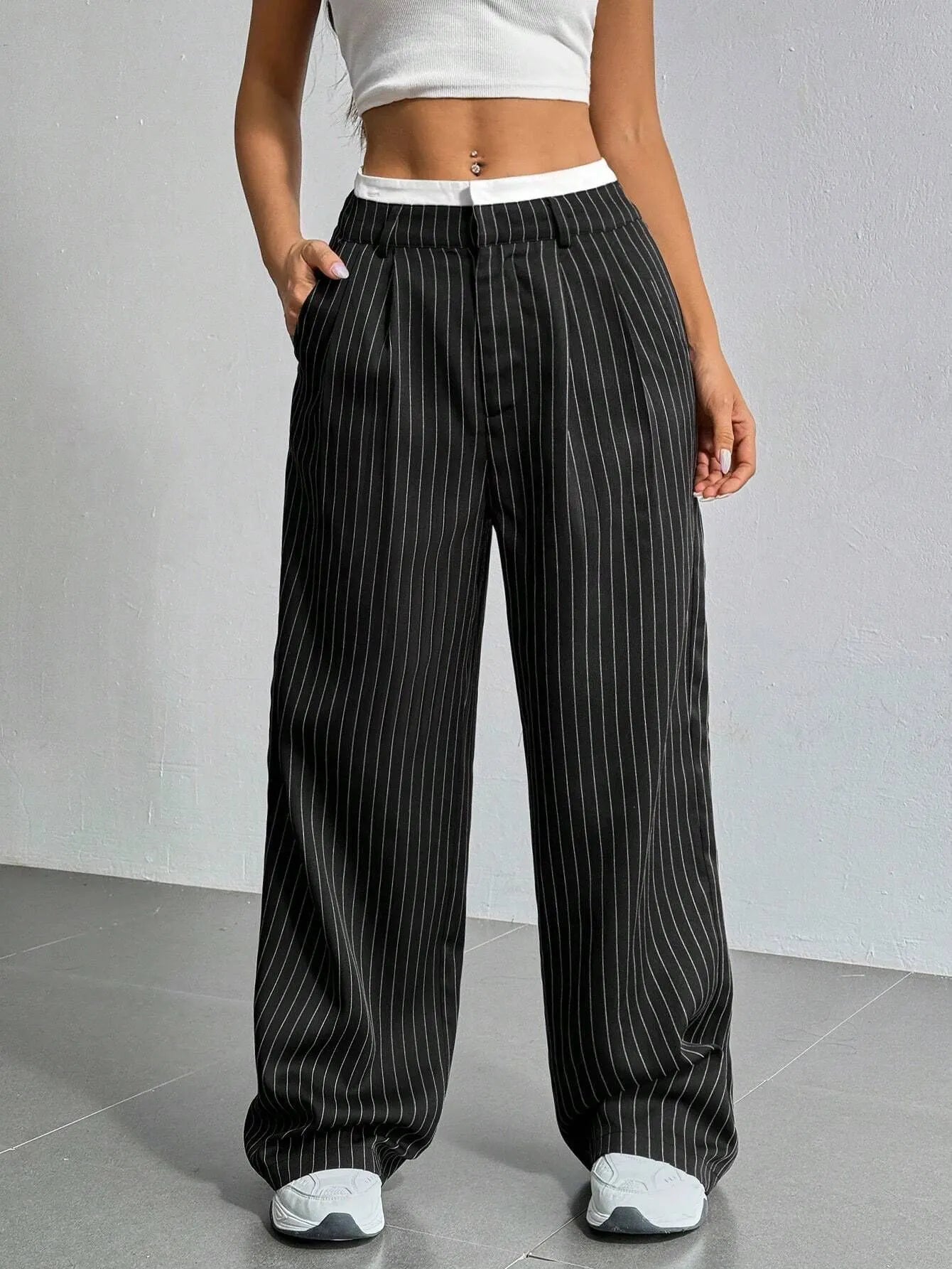 High Waist Striped Loose Wide Leg Suit Pants