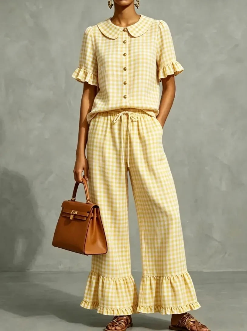 Gingham Peter Pan Collar Ruffle Short Sleeve Top & Flared Pants Two Piece Set