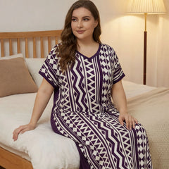 Curvy Purple White Tribal Pattern Nightdress, Oversized V Neck Short Sleeve Maxi Sleep Gown