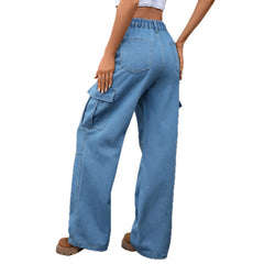 Mid-Rise Solid Color Denim Wide Leg Cargo Workwear Jeans