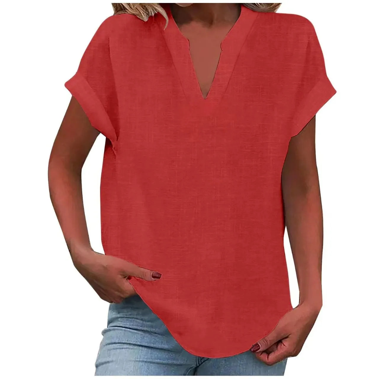 Notched V Neck Cuffed Short Sleeve Loose Cotton Linen Blouse