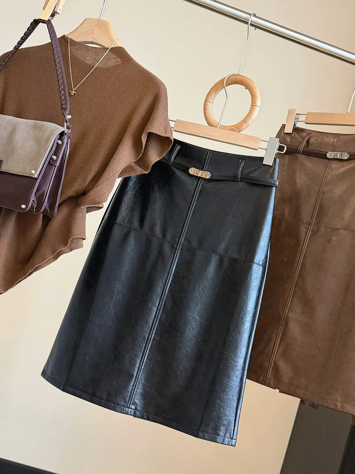 Belted Faux Leather Midi Skirt, High Waist A-Line Split Hem PU Skirt in Brown & Black