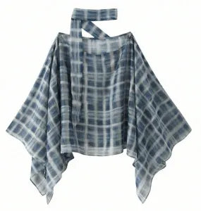 Boho Tartan Sheer Oversized Shirt, Cold Shoulder Batwing Long Sleeve Loose Plaid Blouse for Daily Outfit