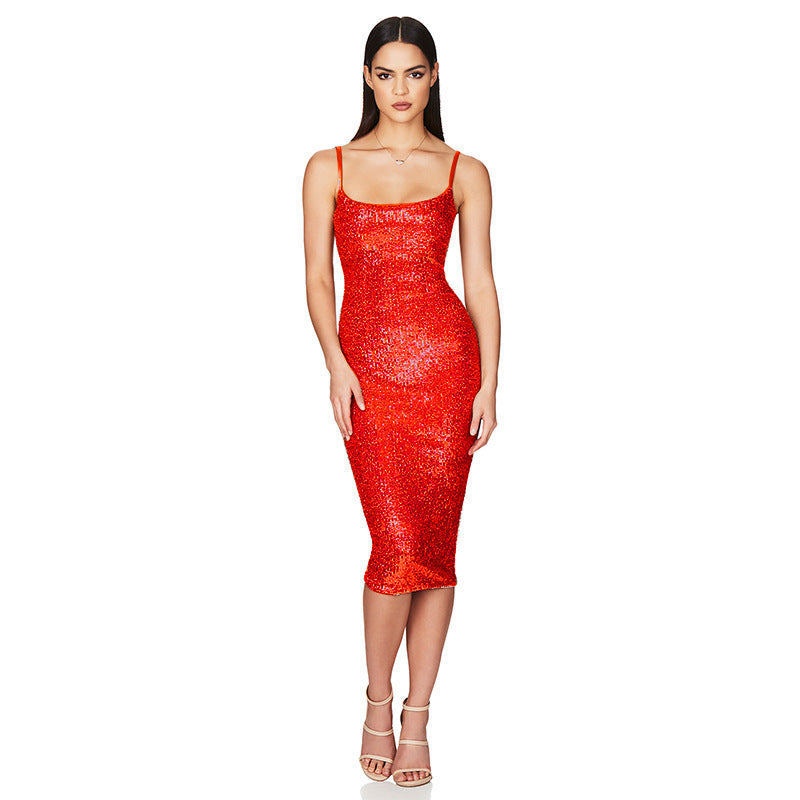 Sequin Spaghetti Strap High Waist Bodycon Midi Dress