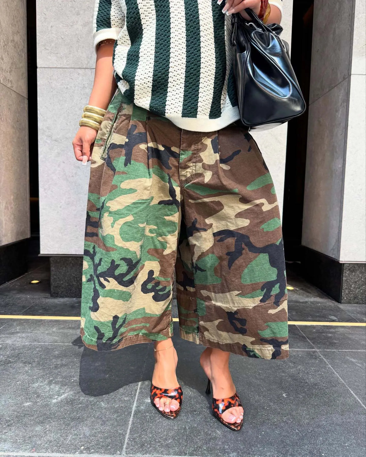 Vintage Camo Pleated Cropped Wide Leg Cargo Pants