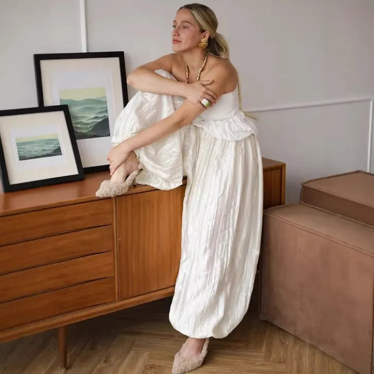 High Waist Solid Color Textured Bloomers Long Pants
