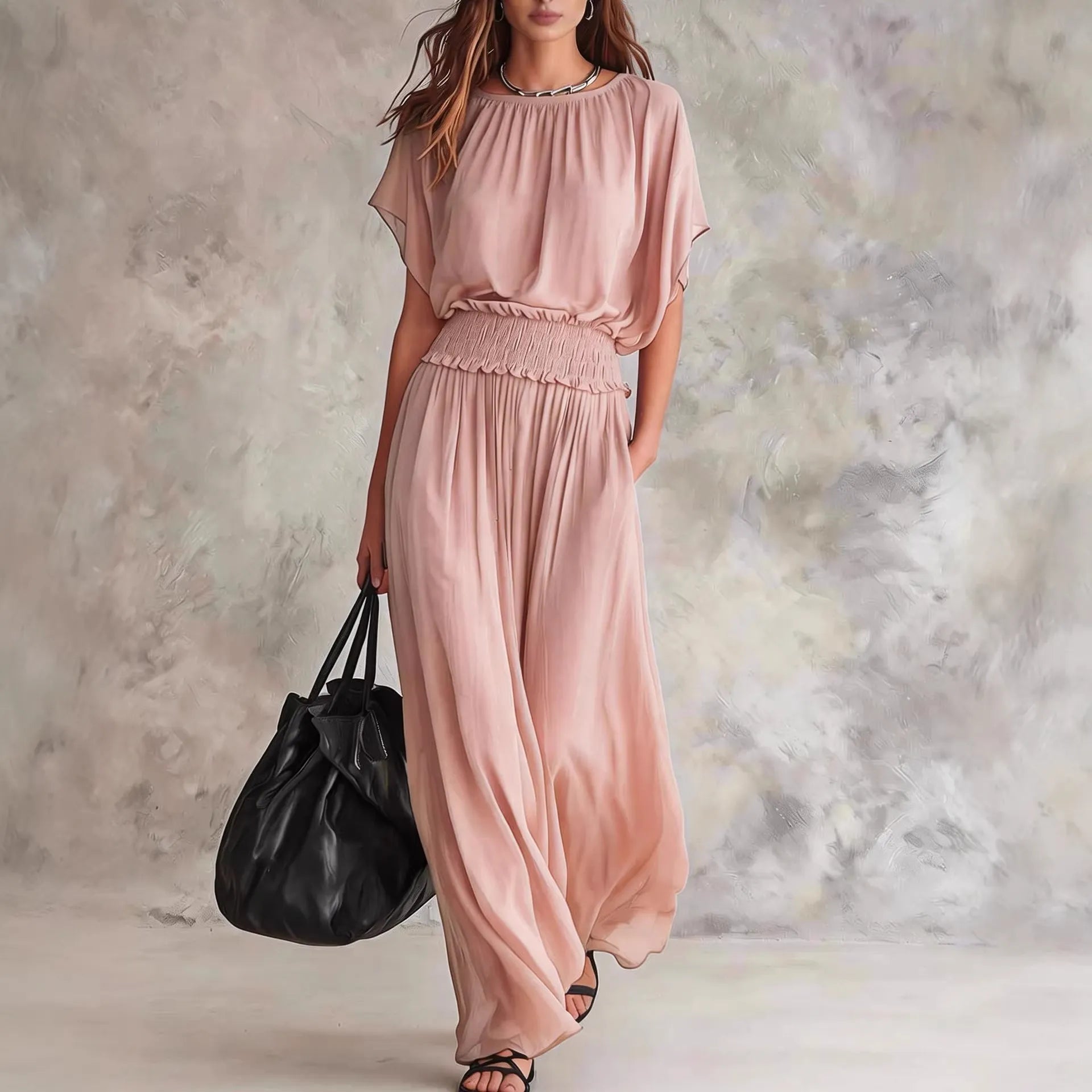 Army Green Batwing-Sleeve Smocked Waist Maxi Dress