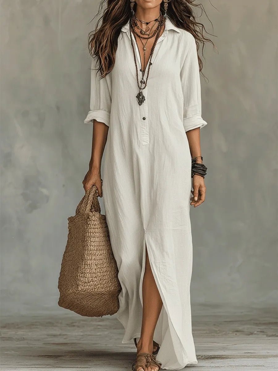 Collared Split Linen Maxi Dress