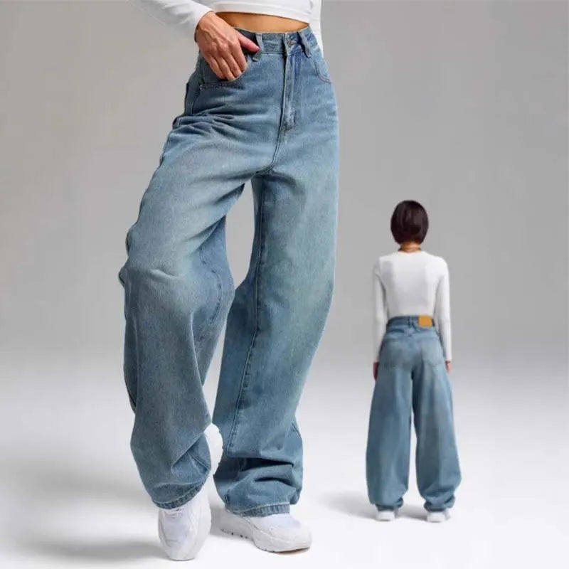 High Waist Stone Washed Blue Slight Stretch Wide Leg Long Denim Jeans