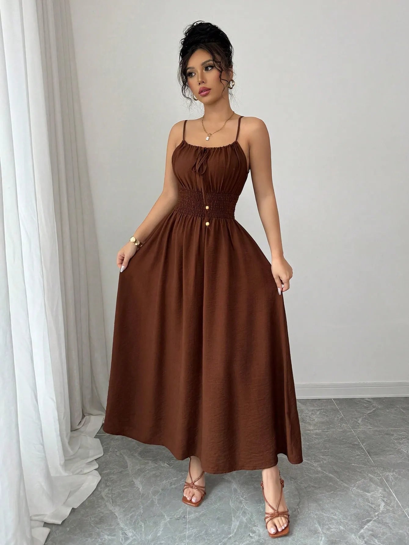 One-Shoulder Spaghetti Strap Smocked Elastic Waist Solid A-Line Maxi Dress