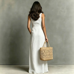 Sleeveless Collared Linen Shirt Maxi Dress