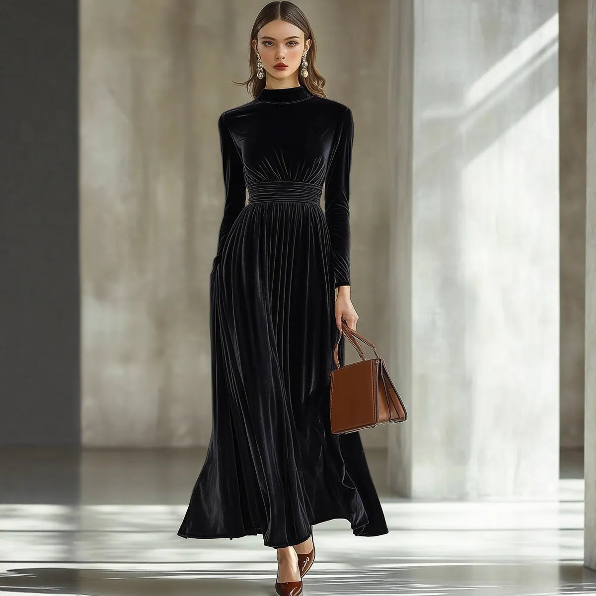 Velvet High Neck Ruched Waist Long Sleeve Maxi Dress Elegant Formal Evening Gown