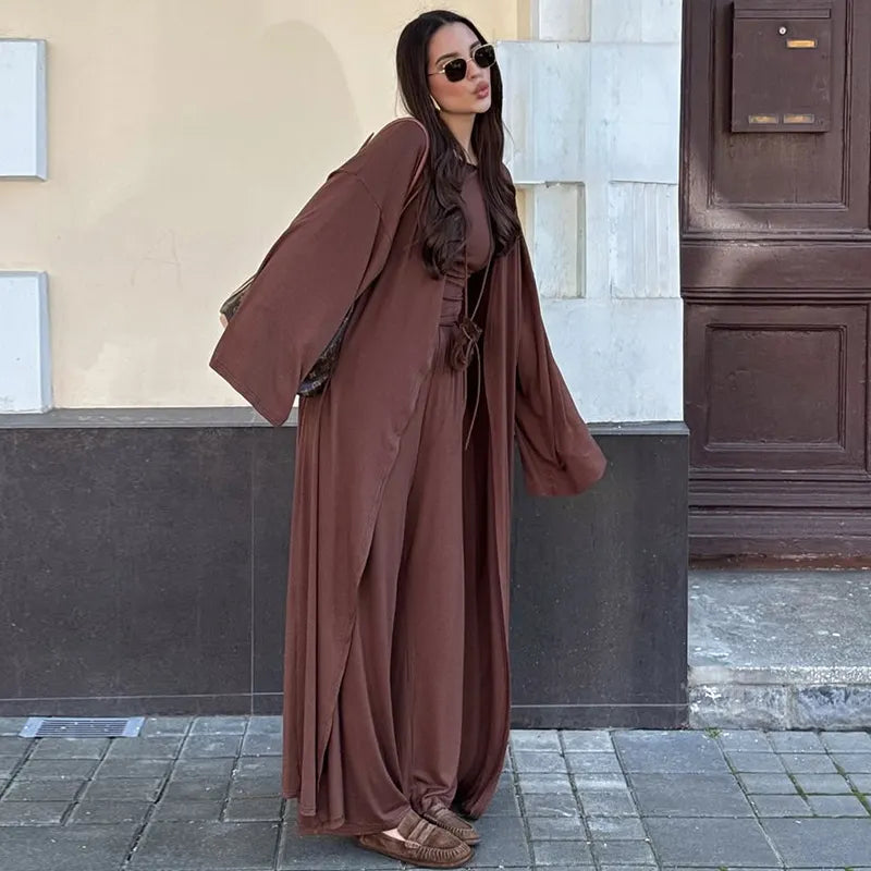 3-Piece Lounge Set, Long Sleeve Kimono Cardigan & Tank Top & Wide Leg Pants