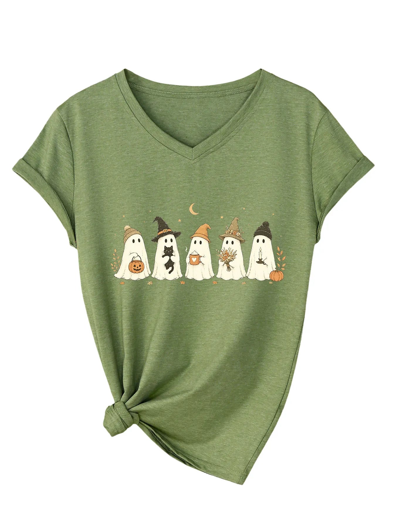 Cute Fall Ghosts Halloween V‑Neck T‑Shirt