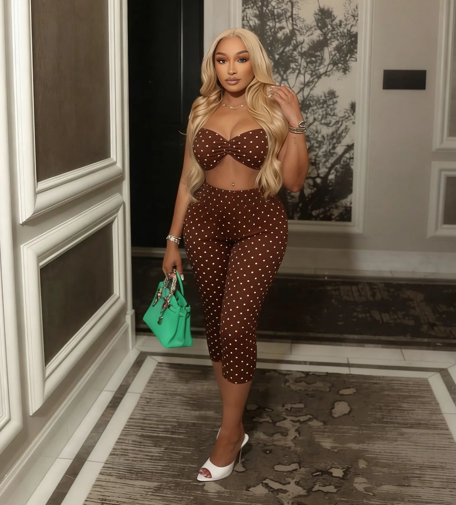Polka Dot Halter Cutout Crop Top & Capri Pants Two Piece Set