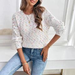 White Confetti Dot Knit Jumper, Relaxed Fit Round Neck Sweater