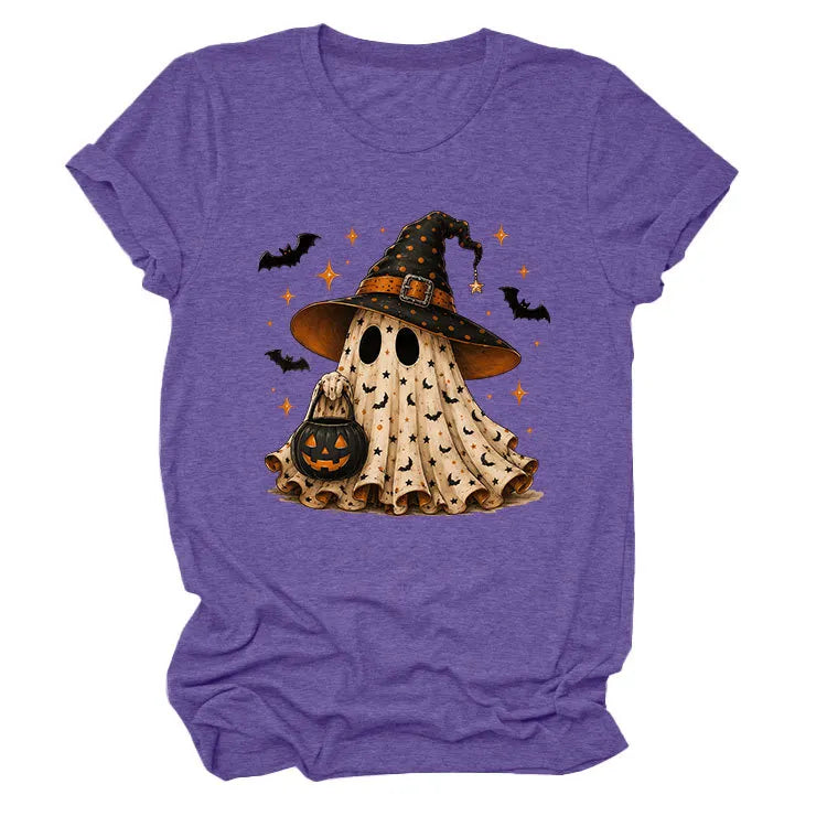 Halloween Ghost Witch Bat Print Crew Neck Short Sleeve T‑Shirt