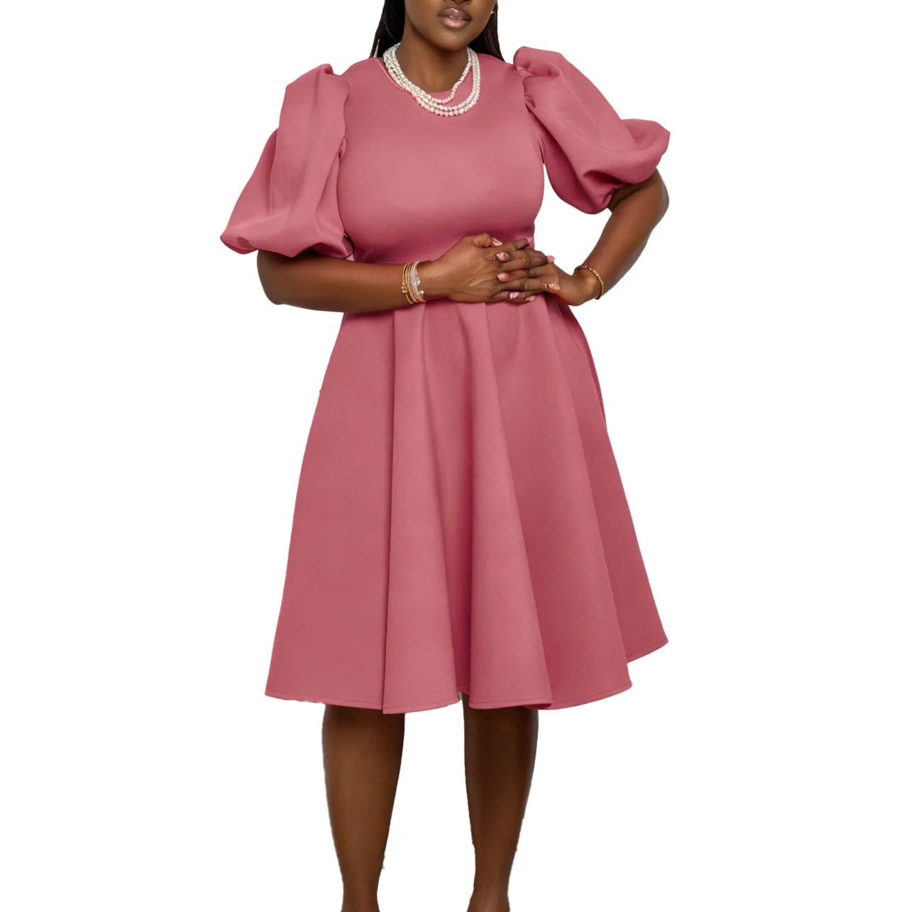 Plus-Size Pink Puff Sleeve Fit-and-Flare Midi Dress