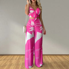 Geometric Print Tie Front Cami Top and High Waist Wide Leg Pants Set