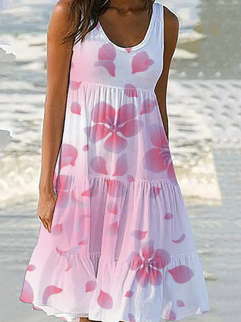 Floral Print Sleeveless Round Neck Tiered Midi Dress