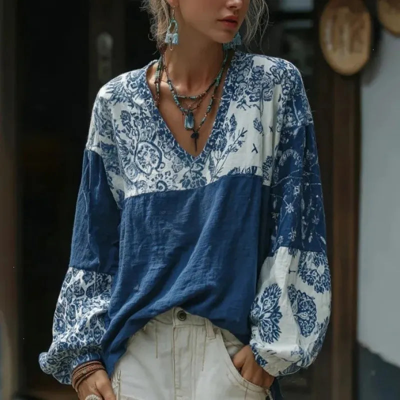 3D Digital Print V-Neck Lantern Long Sleeve Retro Casual Blouse