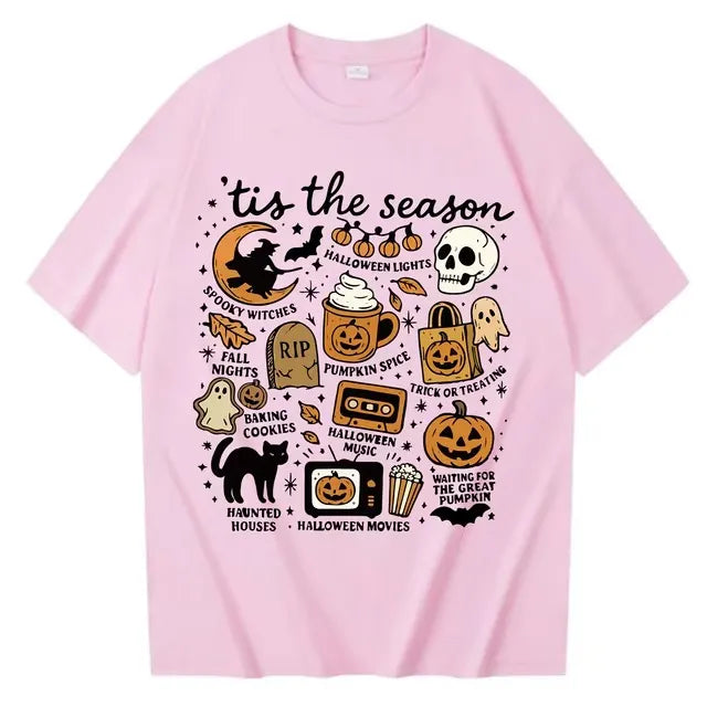 Halloween Retro Letter Graphic Crew Neck Short Sleeve T‑Shirt